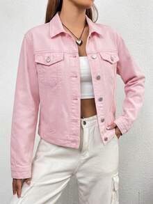 SHEIN EZwear 女款單排扣休閒百搭日常穿著長袖牛仔外套 - 粉色 - 查看 3