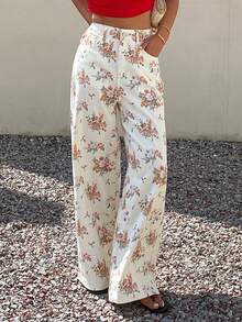 Livesso Jeans casuales para mujer de cintura alta, pierna ancha y sueltos, de algodón con estampado floral blanco, para verano, otoño y el festival de junio - Blanco - Ver 6