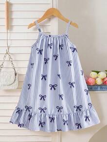 SHEIN Elladie kids 这款女童梭织连衣裙饰有条纹蝴蝶结、数码印花、亮红色条纹裙摆和荷叶边。非常适合日常夏季穿着、外出、旅行、度假和参加派对。 - 彩色 - 查看 1