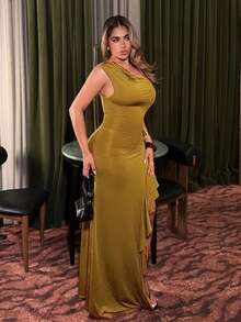 NU&NOW Plus Size Women Solid Color Asymmetric Design Party Ball Dress - Olive Green - View 2