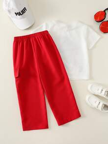 SHEIN 兒童小男孩卡通熊圖案針織柔軟圓領短袖套頭上衣與鬆緊腰長褲 2 件套 - 彩色 - 查看 2