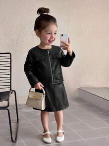 SHEIN 少女黑色長袖外套與緊身迷你裙套裝 秋冬款 - 黑色 - 查看 5