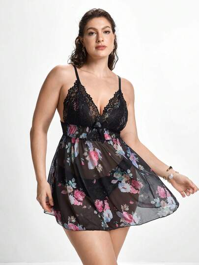 Slumbrini Plus Floral Print Contrast Lace Sexy Pajama Night Dress Without Thong