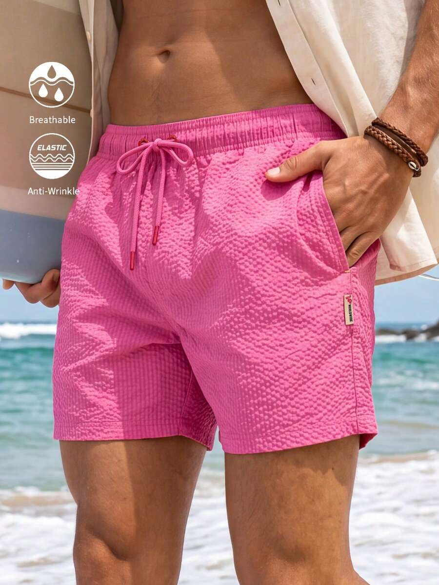 Horizaway 男士抽繩腰口袋休閒度假沙灘短褲 - 粉色 - 查看 1