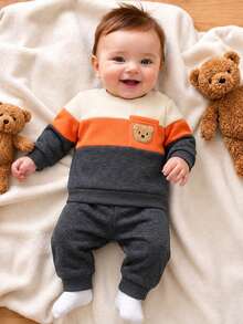 SHEIN Newborn Boys' 2pcs Cute Color Block Applique Pocket Fleece Lined Long Sleeve Long Set For Outdoor, Daily Wear Fall Winter, Loose Fit, Comfortable - Multicolor - View 2