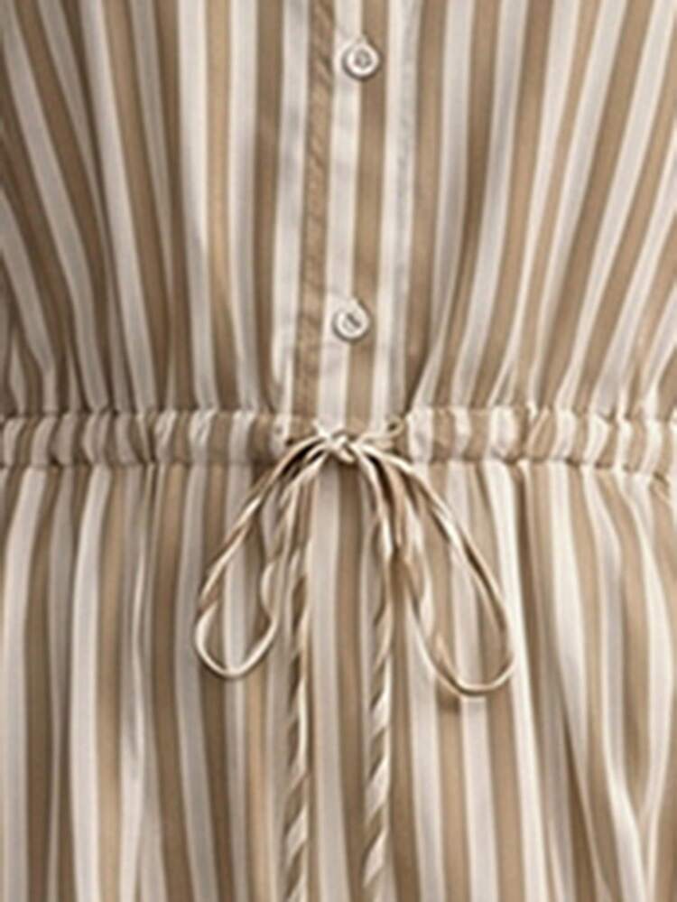 SHEIN Women's Elegant And Casual Khaki White Striped Stand Collar Drawstring Waist Midi Shirt Dress - Khaki - View 5