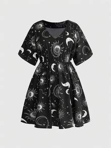 ROMWE Gothic Sun Moon Star Print Loose Plus Size Dress - Black - View 1