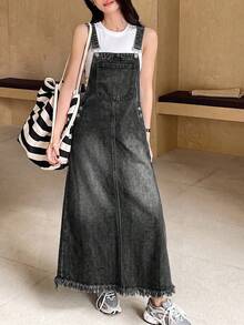 Teen Girls Blue Denim Loose Overall Dress - Black - View 4