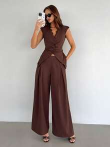Siren Gaze Summer Women's Elegant Smart Casual Dark Brown Lace Trim Vest And Wide Leg Pant Two Pieces Outfit, Suitable For Office Brunch City Break, Work - Brown - View 6
