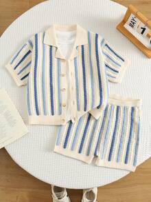 SHEIN 2pcs/Set Kids Young Boy Summer Cute Casual Blue & White Striped Short Sleeve Top & Striped Shorts Knit Sweater Set, Vacation Outfit, Summer Set, Shirt Set, Knit Set, Boys Outfit - Multicolor - View 7