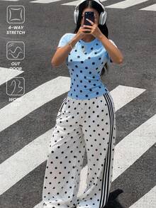 Muchica Women's Polka Dot Short Sleeve Top And Pants Casual Athleisure Sportswear Set City Break Vacation Match Day World Cup Football Gym Blue Summer - Multicolor - View 3