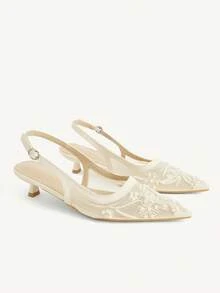 CUCCOO CHICEST Women Shoes Multi-Color Mesh Embroidery Beads Pointed Toe Low Heel Back Strap Sandals Gentle Fairy Style Spring And Summer Models Suitable For Wedding - Beige 1 - View 1