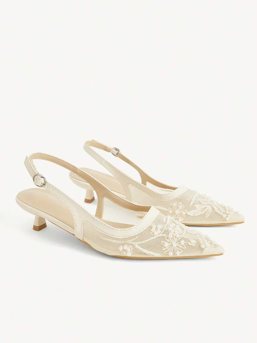 CUCCOO CHICEST Women Shoes Multi-Color Mesh Embroidery Beads Pointed Toe Low Heel Back Strap Sandals Gentle Fairy Style Spring And Summer Models Suitable For Wedding - Beige 1 - View 1