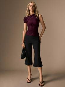 CielaLinda Women's Ruched Off-Shoulder Knit Top, One-Shoulder Solid Color Blouse, Casual Top - Red Violet - View 5