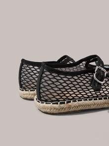 Styleloop Women's Black Mesh Straw Woven Rope Sole One-Strap Buckle Flat Shoes - Chocolate Brown - View 4