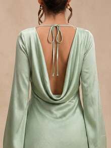 SHEIN BAE Autumn Women's Solid Sage Green Long Sleeve Backless Fitted A-Line Exquisite Mini Dress, Party Night Out Dress, Vacation Dress, Birthday Dress, Sexy - Green - View 3