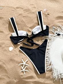 Swim SXY 2pcs Set Plain Color Summer Bestselling Fashion High-Cut Split Bikini Swimsuit & Beach Vacation Set - Multicolor - View 3