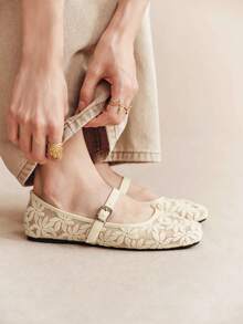 Rosivie Women's Beige Mesh Embroidered Square Toe Comfortable Back Strap Casual Commute Flat Shoes Fall Shoes - Off-white - View 5