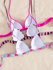 Swim Mod 女款 3 件組掛脖綁帶泳衣上衣套裝，黑色、波點、白色、多色可選，適合不同度假造型，夏季海灘度假泳衣 - 彩色 - 查看 2
