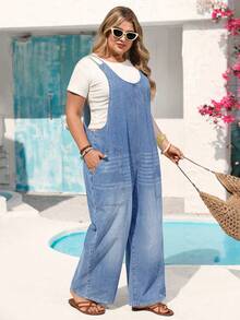 Vivid Eden Plus Size Women's Pocket Design Wide Leg Casual Baggy Denim Overalls Formal Vacation Going Out Blue Summer - Medium Wash - View 3