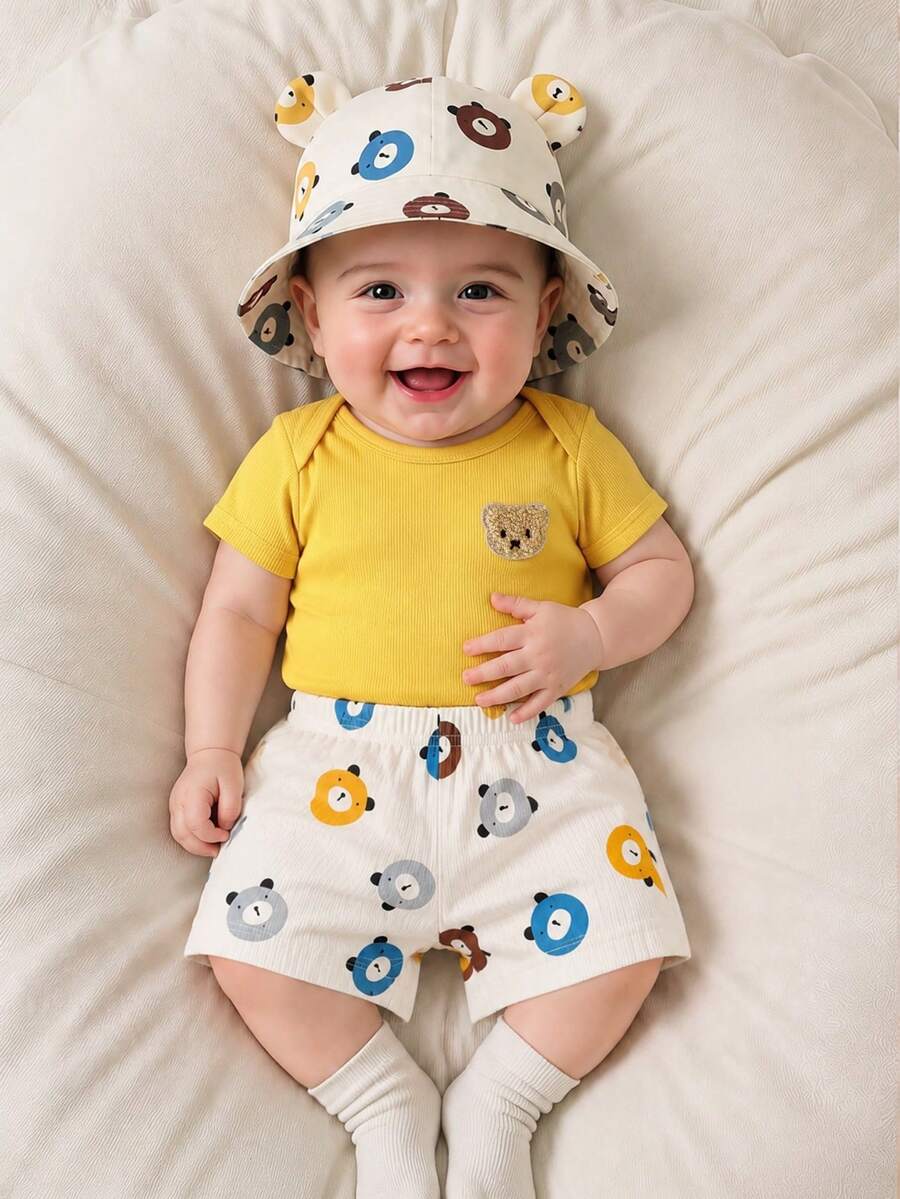 SHEIN Playful Pals Baby Boy Spring/Summer Fresh Cute Fun Yellow Romper With White Pants Set