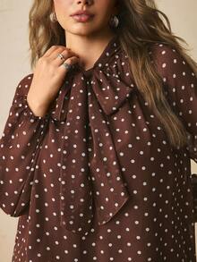 Freevana French Retro Elegant | Brown Polka Dot Sheer Chiffon Long Sleeve Blouse Neck Bow Loose Fit Top - Coffee Brown - View 7