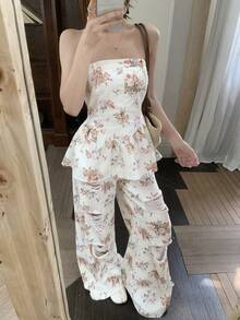 DAZY 女款全花卉印花抹胸上衣與休閒牛仔長褲套裝 夏季 - 白色 - 查看 8