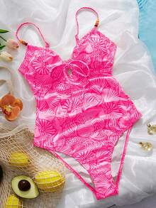 Swim Vcay Women's Orange One-Piece Swimsuit With Random Ocean Shell Print, Beaded Decoration And Drawstring Front, Suitable For Summer Beach Vacation - Hot Pink - View 4
