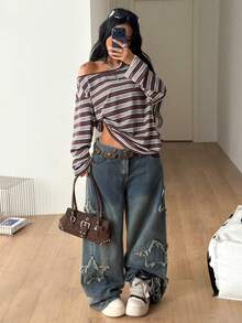 Coolane Women's Autumn Streetwear Casual Vintage Y2K Going Out Night Everyday Daily Wear Graphics Brown Striped Comfortable Asymmetrical Neck T-Shirt - Brown - View 2