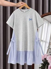 SHEIN 少女蝴蝶結印花拼接條紋荷葉邊下擺洋裝 - 灰色 - 查看 9