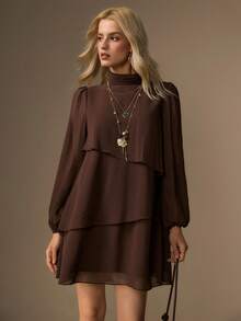 COSMINA Women Brown Boho Ruffle Tiered Mini Dress, Long Sleeve Lantern Sleeve Bohemian Dress, Flowy Dress - Brown - View 8