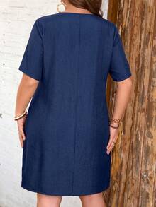 EMERY ROSE Vestido de lino sintético cómodo de manga corta con decoración de parche en el hombro y botones, talla grande, ropa de mujer para primavera y verano - Azul - Ver 2