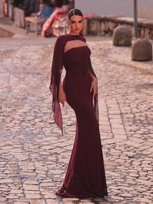 Aureia Elegantes luxuriöses Damen-Abendkleid in Ancara-Rot, elastischer Strick- und Chiffon-Patchwork, handgefaltete Taillendekoration, Meerjungfrau-Schleppe - Kaffeebraun - Übersicht 5