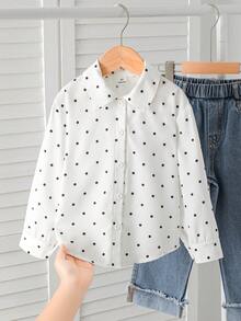 SHEIN Elladie kids 女童新款波點圖案布料鈕扣襯衫，適合日常休閒、優雅、度假、時尚外出 - 白色 - 查看 9