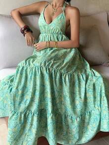 Sunnyshic Bohemian Vacation Series Fashion Halter Neck Sexy Backless Beach Classic Blue Print Summer Versatile New Women's Dress - Green - View 1