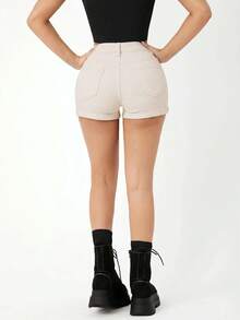 SHEIN PETITE 夏季休閒百搭純色修身牛仔短褲 - 卡其色 - 查看 8