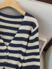 GlowEve CURVE Plus Size Casual Striped V-Neck Long Sleeve Button-Up Cardigan - Blue - View 4