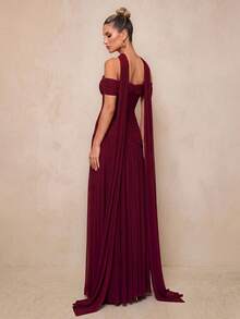 Lumalex Elegant Gray Minimalist Off Shoulder Ruched Asymmetric A-Line High Slit Dress, Suitable For Weddings, Formal Events, Galas, And Cocktail Parties Party - Burgundy - View 6