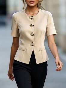 SHEIN Franclia 夏季優雅商務休閒女款上衣，通勤辦公米色正式西裝外套，圓領單排金屬鈕扣短袖，教師節適用 - 卡其色 - 查看 8