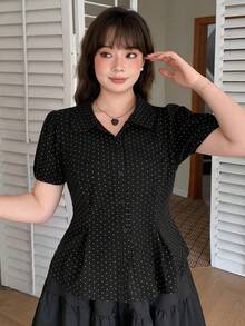 Dazy Plus 韓系時尚波點滿版印花短袖 Polo 衫，黑色大尺碼女款春夏季 T-shirt 可愛上衣 - 黑色 - 查看 8