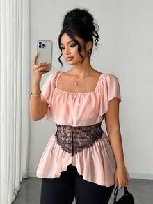 SHEIN Clasi Women's Ruffle Ruffle Lace Patchwork Asymmetrical Hem Chiffon Flowy Blouse For Vacation, Date Going Out And Party Red Summer Elegant Celestial - Dusty Pink - View 3