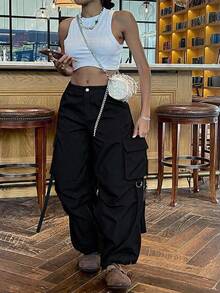 Slaydiva Pantalon cargo femme vintage streetwear noir à poches multiples avec design de ruban, pantalon long décontracté pour le trajet et les vacances - Noir - Voir 13