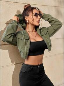 Selenza Flap Pocket Drawstring Hooded Crop Denim Jacket - Army Green - View 1