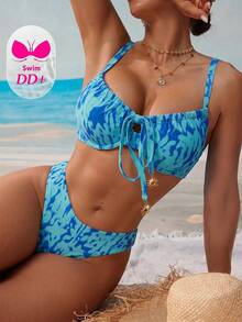Swim DD+ 女款夏季海灘度假紮染印花金屬太陽結裝飾鋼圈 DD+ 聚攏比基尼套裝 - 藍色 - 查看 6