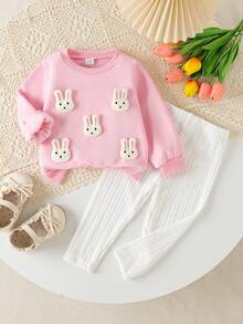 SHEIN Playful Pals 嬰兒幼兒秋冬套裝，女嬰可愛3D白兔粉色衛衣搭配親膚柔軟白色長褲套裝 - 粉色 - 查看 7