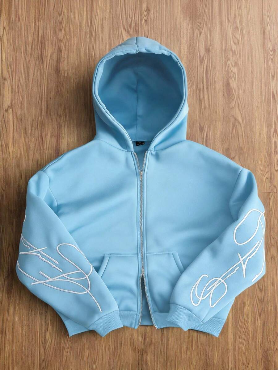 Manfinity Hypemode Men's White Creative Text Graphic Embroidered Metal Zipper Hoodie, Black - Baby Blue - View 1