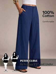 SHEIN PETITE CURVE 大尺碼女款純色口袋寬腿鬆垮休閒長褲 - 藏蓝色 - 查看 1