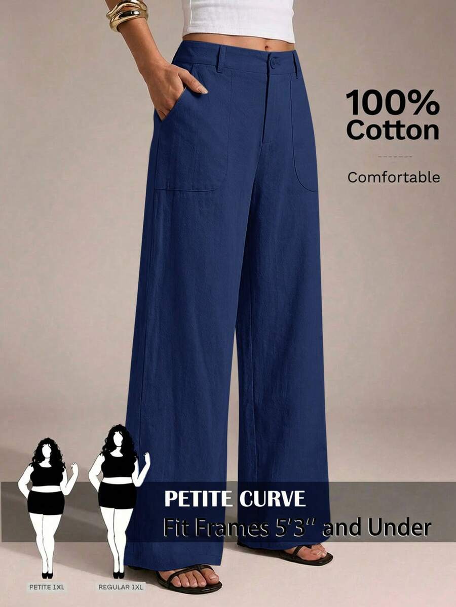SHEIN PETITE CURVE 大尺碼女款純色口袋寬腿鬆垮休閒長褲 - 藏蓝色 - 查看 1