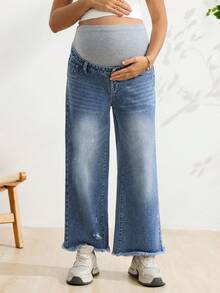 SHEIN Maternity Casual Loose Fit Washed Distressed Straight Leg Jeans Winter Holiday Outfits For Women, Baby Shower Beach Formal Gender Reveal Blue - Medium Wash - View 4