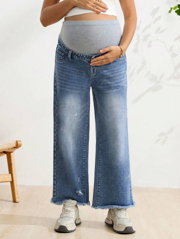 SHEIN 孕婦休閒水洗磨損直筒牛仔褲